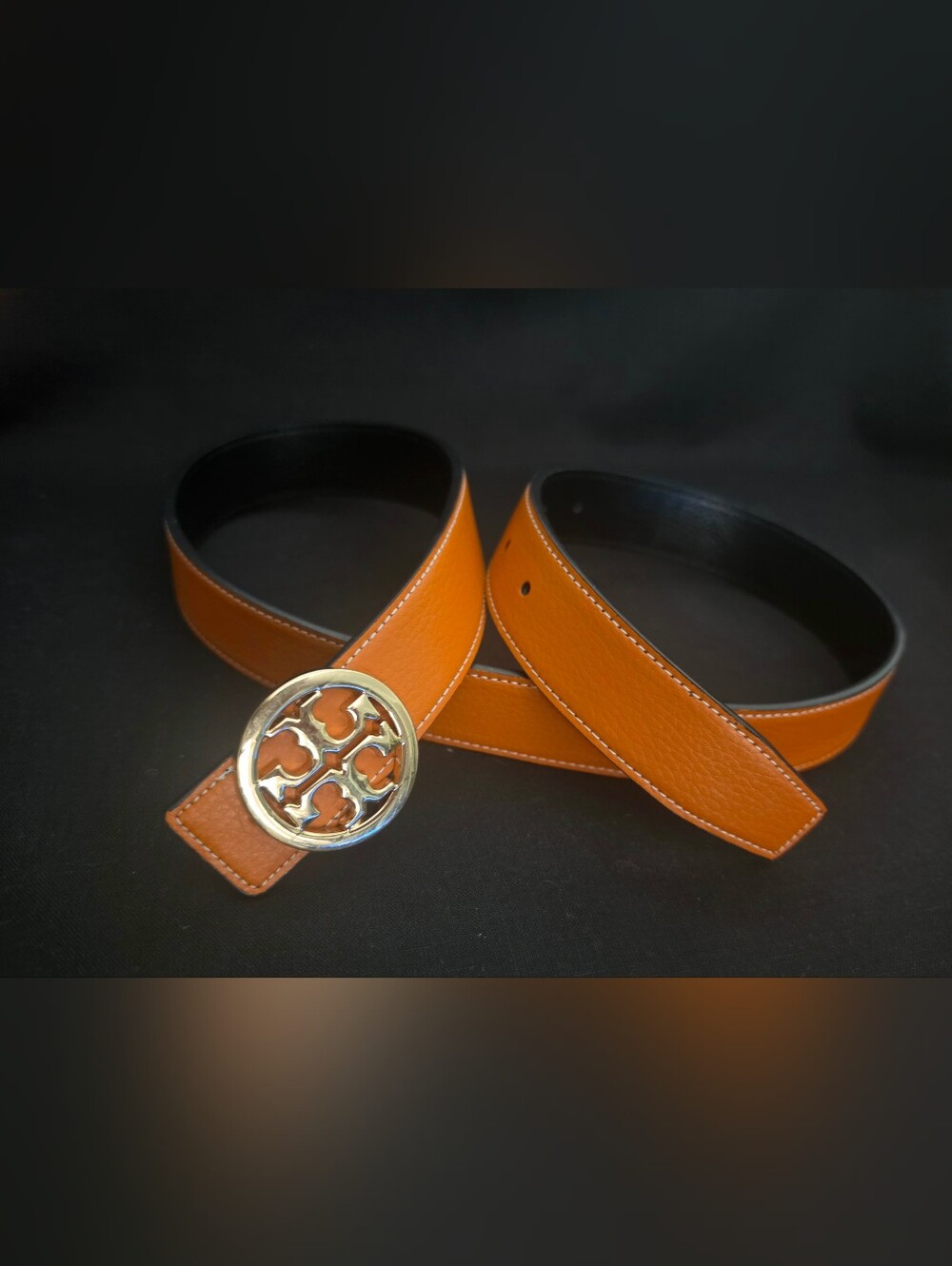 Tory Burch Orange and Black Reversible Leather Belt with Logo Buckle